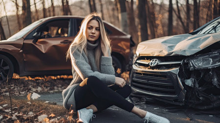 A girl near a car that got into a traffic accident while waiting for the insurance commissioner. On the Car Crash Traffic Accident Scene.の素材