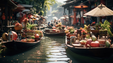 Aerial view famous asian floating market, Farmer go to sell organic products, fruits, vegetables and Thai cuisine, Tourists visiting by boat.の素材