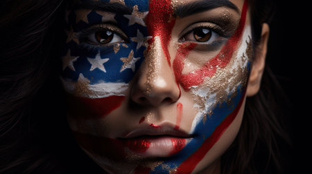 Close-up of painted face. Face art side view in profile. UK patriotic concept.の素材