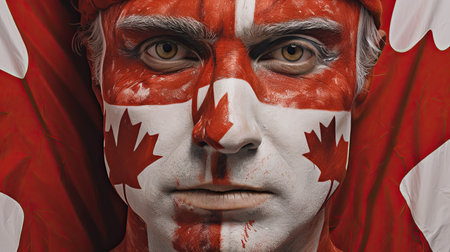 Close up of a face of man with creative visage. Face art Canada flag style hockey fanの素材