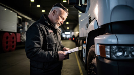 Serviceman with digital tablet on the background of the truck in the garage. Pretrip technical inspection, checklist.の素材