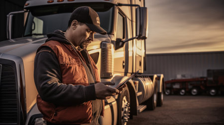 Serviceman with digital tablet on the background of the truck in the garage. Pretrip technical inspection, checklist.の素材