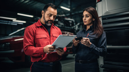 Serviceman with digital tablet on the background of the truck in the garage. Pretrip technical inspection, checklist.の素材