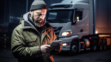 Serviceman with digital tablet on the background of the truck in the garage. Pretrip technical inspection, checklist.の素材