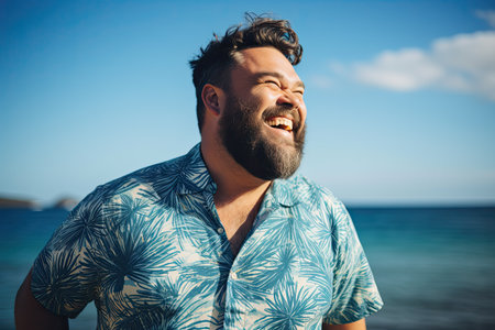 Excited fat man celebrating success. Happy plus size bearded man on sea vacationの素材