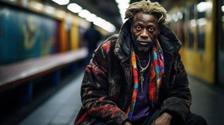 Caucasian Homeless at train terminal. Social crisis, unemploymentの素材