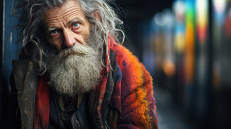 Caucasian Homeless at train terminal. Social crisis, unemploymentの素材