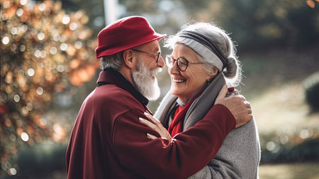 Active seniors taking selfies of them having fun outside in the autumn forest, ai generativeの素材