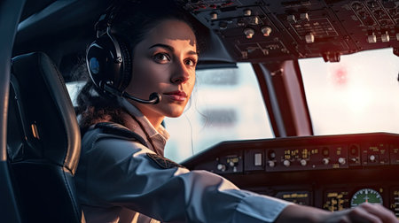 Lady pilot posing for the camera in aircraft cockpitの素材