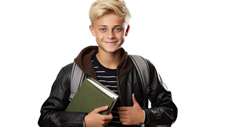 Cute scandinavian teenager boy with school bag and books over white isolated background, half body, as school, education conceptの素材