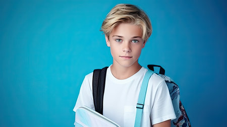 Cute scandinavian teenager boy with school bag and books over white isolated background, half body, as school, education conceptの素材