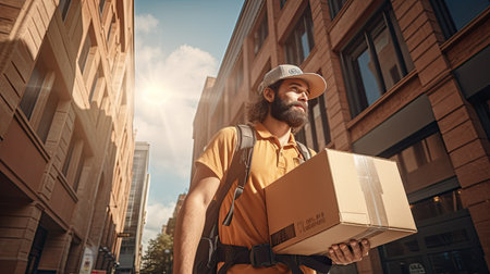 Delivery service employee, courier, messenger. A parcel or a box with goods from the marketplace in the hands of a manの素材