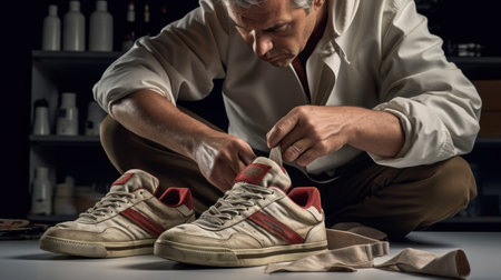 Man is cleaning sneakers in a workshop. Shoe shine service. The shoemaker prepares the shoes for the season. Shoe brush close-up. Shoe care with a special productの素材