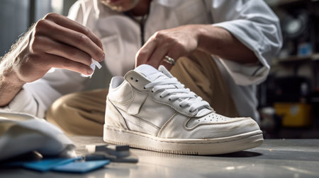 Man is cleaning sneakers in a workshop. Shoe shine service. The shoemaker prepares the shoes for the season. Shoe brush close-up. Shoe care with a special productの素材