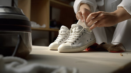 Man is cleaning sneakers in a workshop. Shoe shine service. The shoemaker prepares the shoes for the season. Shoe brush close-up. Shoe care with a special productの素材