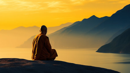 Buddhist monk in meditation beside the river with beautiful nature backgroundの素材