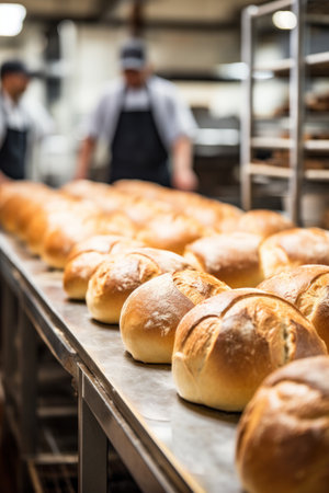 Loafs of bread in a bakery.の素材