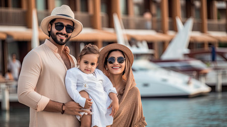 Happy family on the beach at summer vacation in Dubai, UAE.の素材