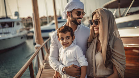 Happy family on the beach at summer vacation in Dubai, UAE.の素材