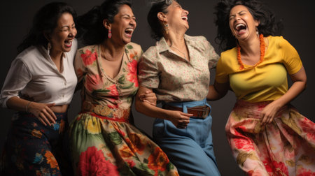 Happy Indian woman dancing. Group of girlfriends at a partyの素材
