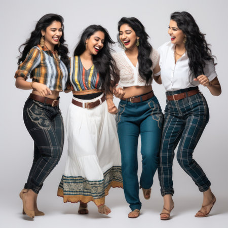 Happy Indian woman dancing. Group of girlfriends at a partyの素材