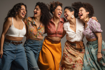 Happy Indian woman dancing. Group of girlfriends at a partyの素材