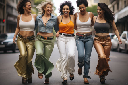 Happy Indian woman dancing. Group of girlfriends at a partyの素材