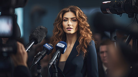 Confident politician giving a speech at the press conference, election campaign conceptの素材