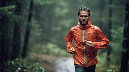 Running man. Male runner jogging at the park. Guy training outdoors. Exercising on forest path. Healthy, fitness, wellness lifestyle. Sport, cardio, workout conceptの素材