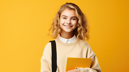 Cute teenager girl with school bag and hands in pockets over white isolated background, half body, as school, education conceptの素材