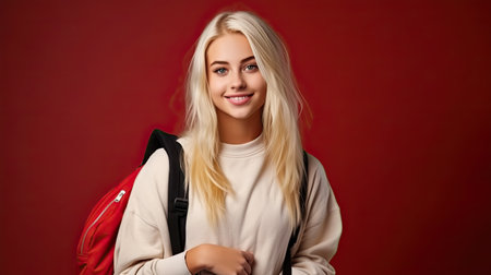 Cute teenager girl with school bag and hands in pockets over red isolated background, half body, as school, education conceptの素材