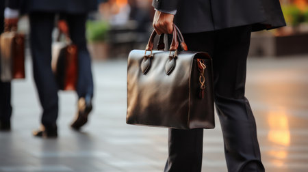 Detail of a businessman holding a leather briefcase. Wide image with large copy space.の素材