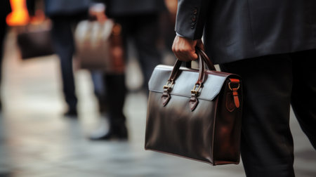 Detail of a businessman holding a leather briefcase. Wide image with large copy space.の素材