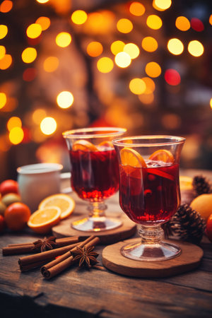 Hot spicy Christmas gluhwein, or mulled red wine with sugar and spices, served with cookies on rustic wood with a twinkling bokeh of party lights in background.の素材