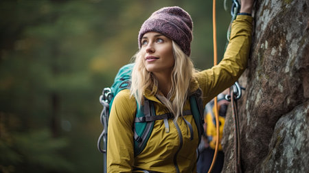 Adult female rock climber on vertical flat wall with poor relief - side view, close-upの素材