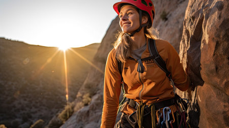 Adult female rock climber on vertical flat wall with poor relief - side view, close-upの素材