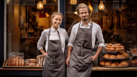 Happy couple - business owner with bakery shop backgroundの素材
