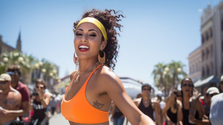 Portrait of a Brazilian woman during a carnival blockの素材