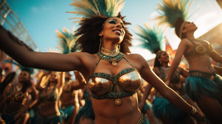 Portrait of a Brazilian woman during a carnival blockの素材