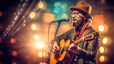 Popular country music performer with a guitar on a big stage under spotlightsの素材
