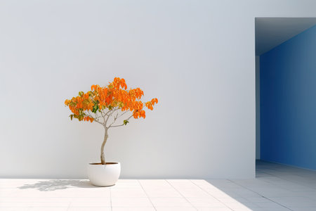 Minimalist plant background Bright green branch is lying on a white background Flat lay Modern minimalistic mockup with empty space.の素材
