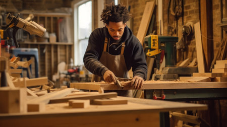 Young Carpenter happy working to making woodcraft furniture in wood workshop look professional high skill real people workman.の素材