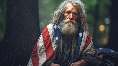 Homeless veteran on the street with an American flag.の素材