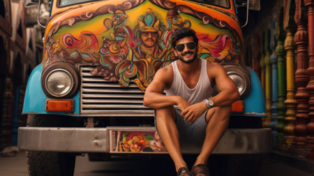 Driver with Decorated Color Truck, Pakistan style.の素材