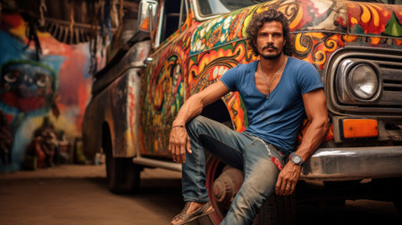 Driver with Decorated Color Truck, Pakistan style.の素材