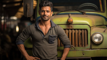 Driver with Decorated Color Truck, Pakistan style.の素材