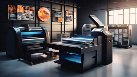 Interior of modern office printshop with multifunctional professional publishing and photocopy equipment. Business, paperwork and publication. Large format printer.の素材