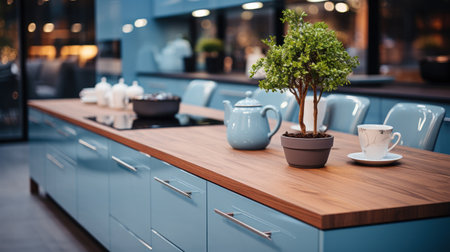 Yellow Glance Kitchen in modern style with light worktop with kitchen utensils.の素材