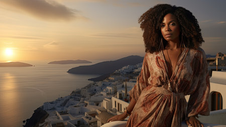 Travel Europe summer holiday afro american girl enjoying Oia, Santorini Greece cruise vacation.の素材