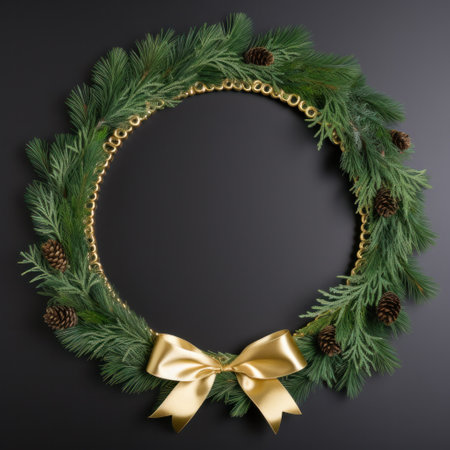 Christmas composition. Wreath made of christmas tree branches and red berries on white background. Flat lay, top view, copy space, squareの素材